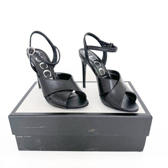 Gucci Betsey 105 Criss-Cross Strap Sandals EU 38 US 8 Black Leather High Heel - Picture 1 of 16